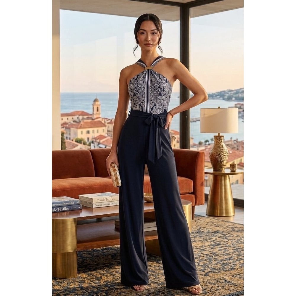 Cache Women 4 Navy White Paisley Halter Jumpsuit NWT "Mistagged" Stretch Evening